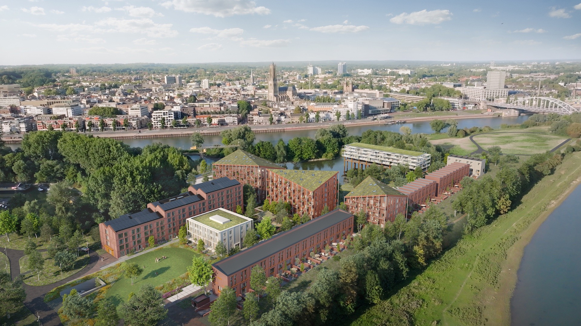 Publieke architectuurimpressie van ASM Arnhem, met woningen aan de haven en de Arnhemse binnenstad op de achtergrond