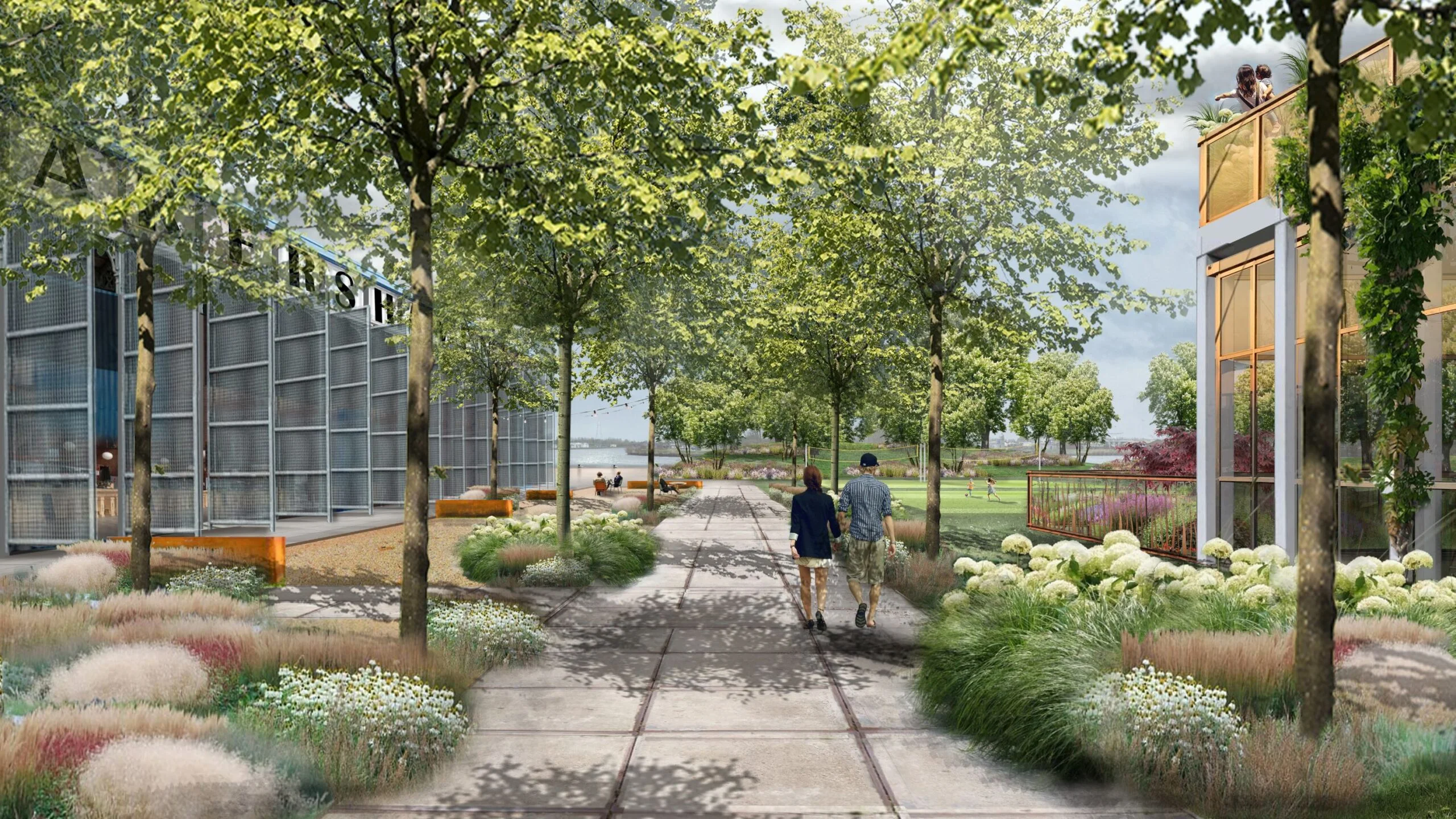 Ontwerpimpressie van het park in Stadshavens Groningen met wandelroutes, groen en omliggende bebouwing